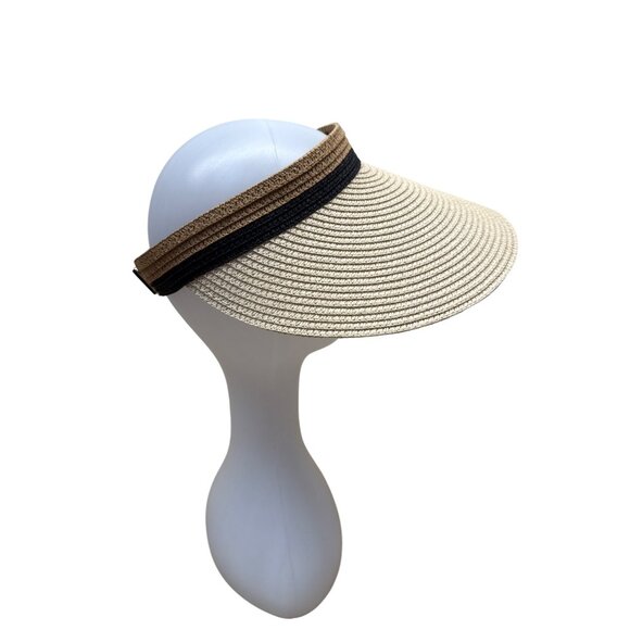 Women's Straw & Polyester Wide Brim Visor Hat With Adjustable Black Band - Picture 3 of 7